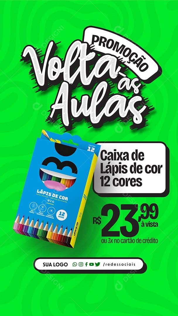 Story Volta às Aulas Caixa de Lápis de Cor 12 Cores 23,99 a Vista Social Media PSD Editável