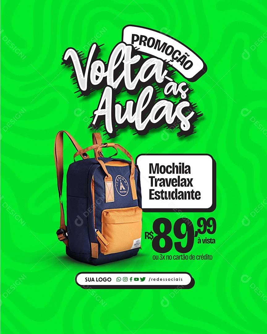 Volta às Aulas Mochila Travelax Estudante 89,99 a Vista Social Media PSD Editável