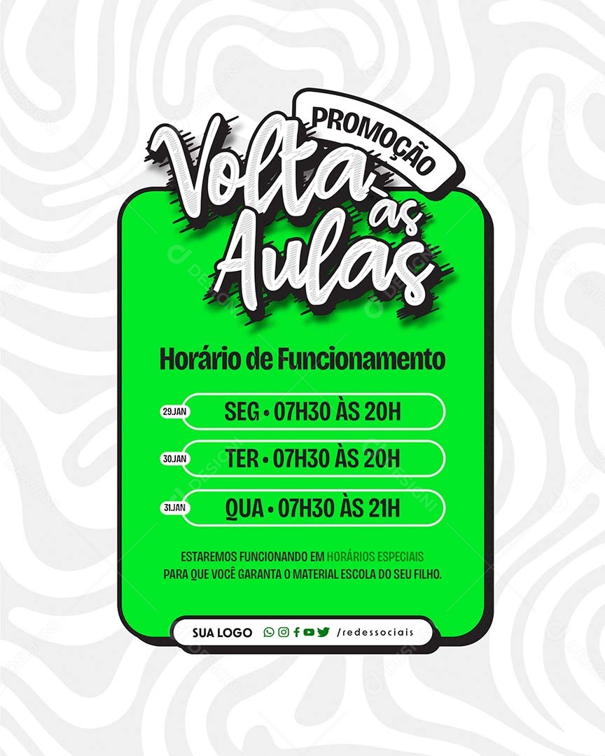Promoção Volta às Aulas Horários de Funcionamento Social Media PSD Editável