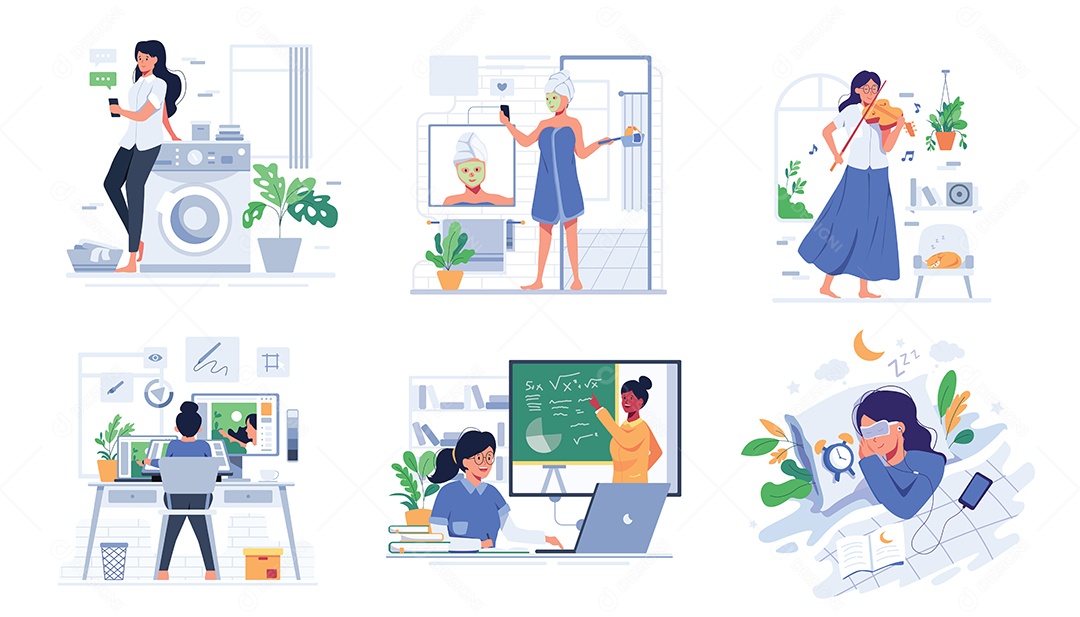 Mulher Fazendo Varias Atividades Ilustração Vetor EPS