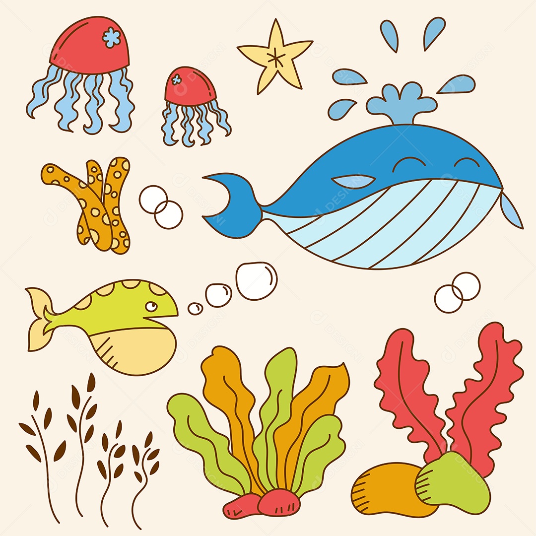 Conjunto de Peixes e Algas Ilustração Vetor EPS