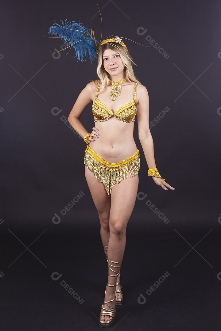 Linda passista fantasiada para o carnaval sobre um fundo isolado preto.