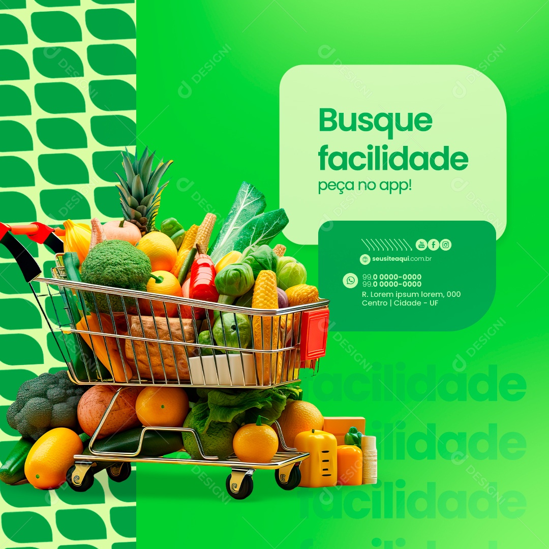 Hortifruti Busque facilidade peça no app Social Media PSD Editável