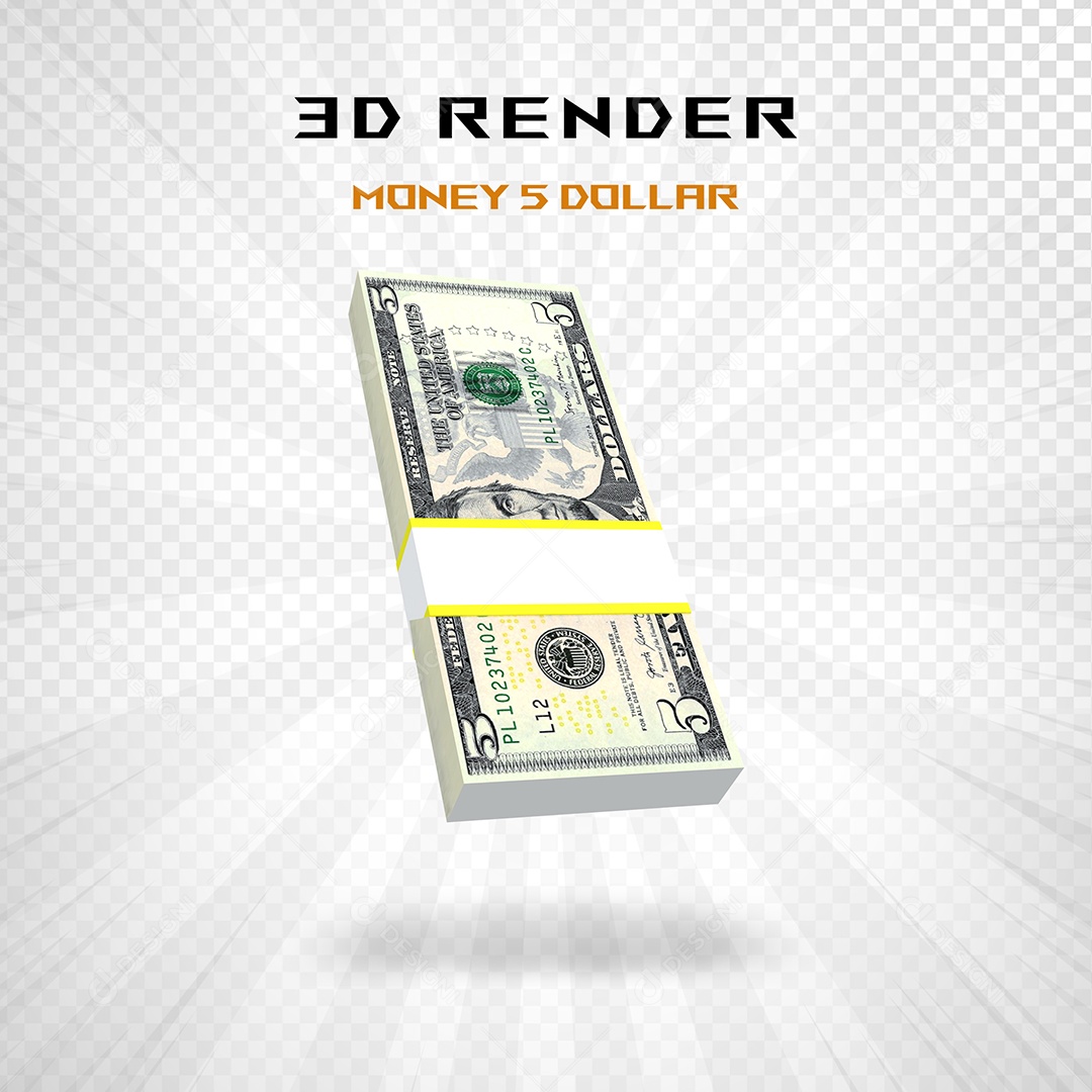 Elemento 3D Pacote de Notas de 5 Dólar para Composição PSD