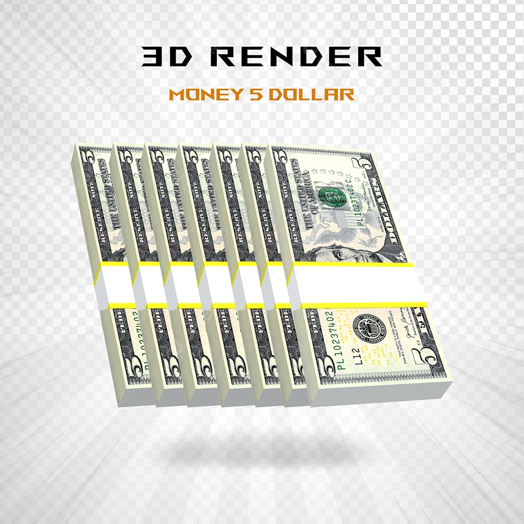 Elemento 3D Pacotes de Notas de 5 Dólar para Composição PSD
