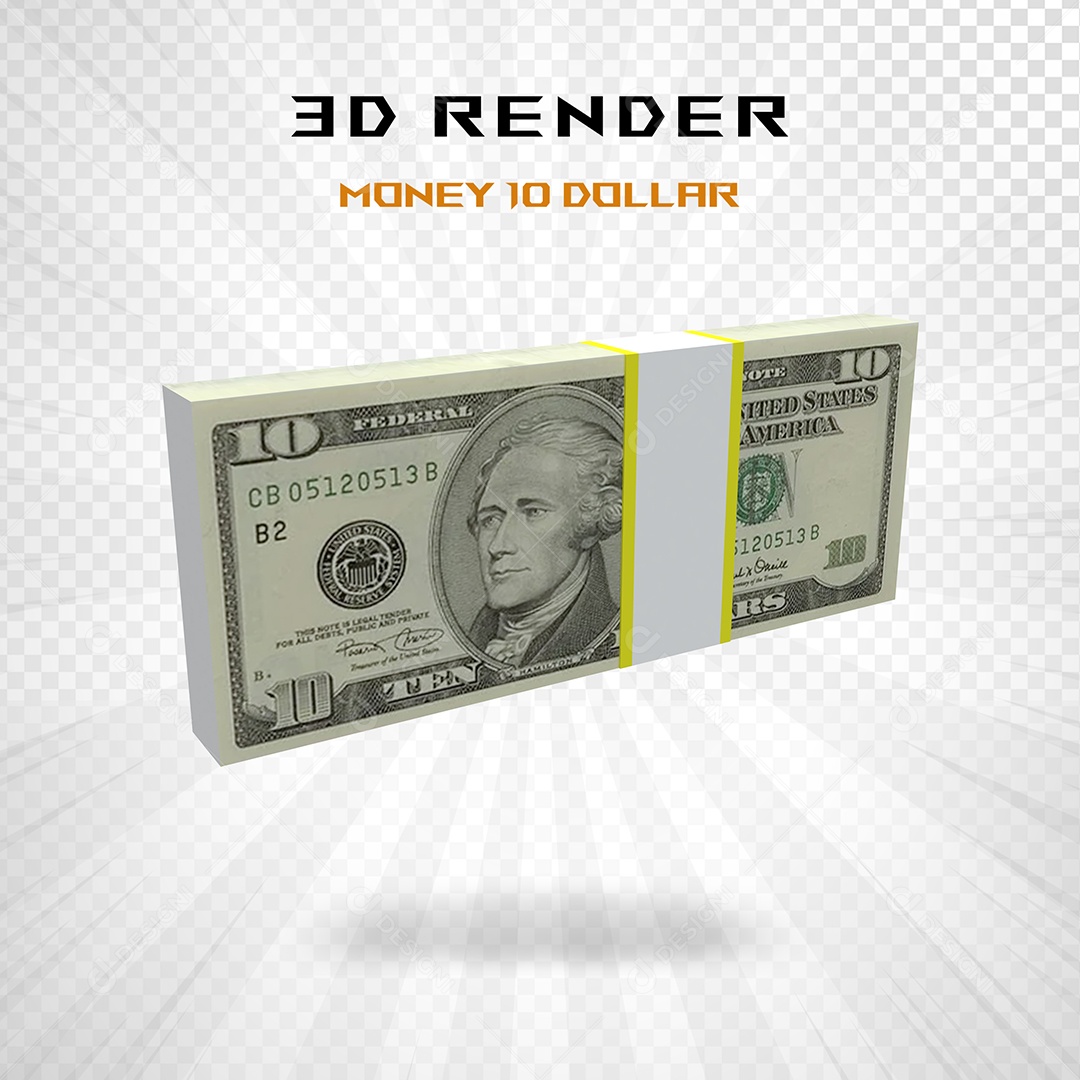 Elemento 3D Pacote de Notas de 10 Dólar para Composição PSD