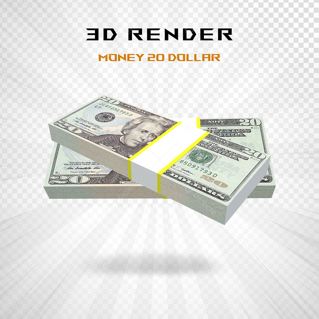 Elemento 3D Pacotes de Notas de 20 Dólar para Composição PSD