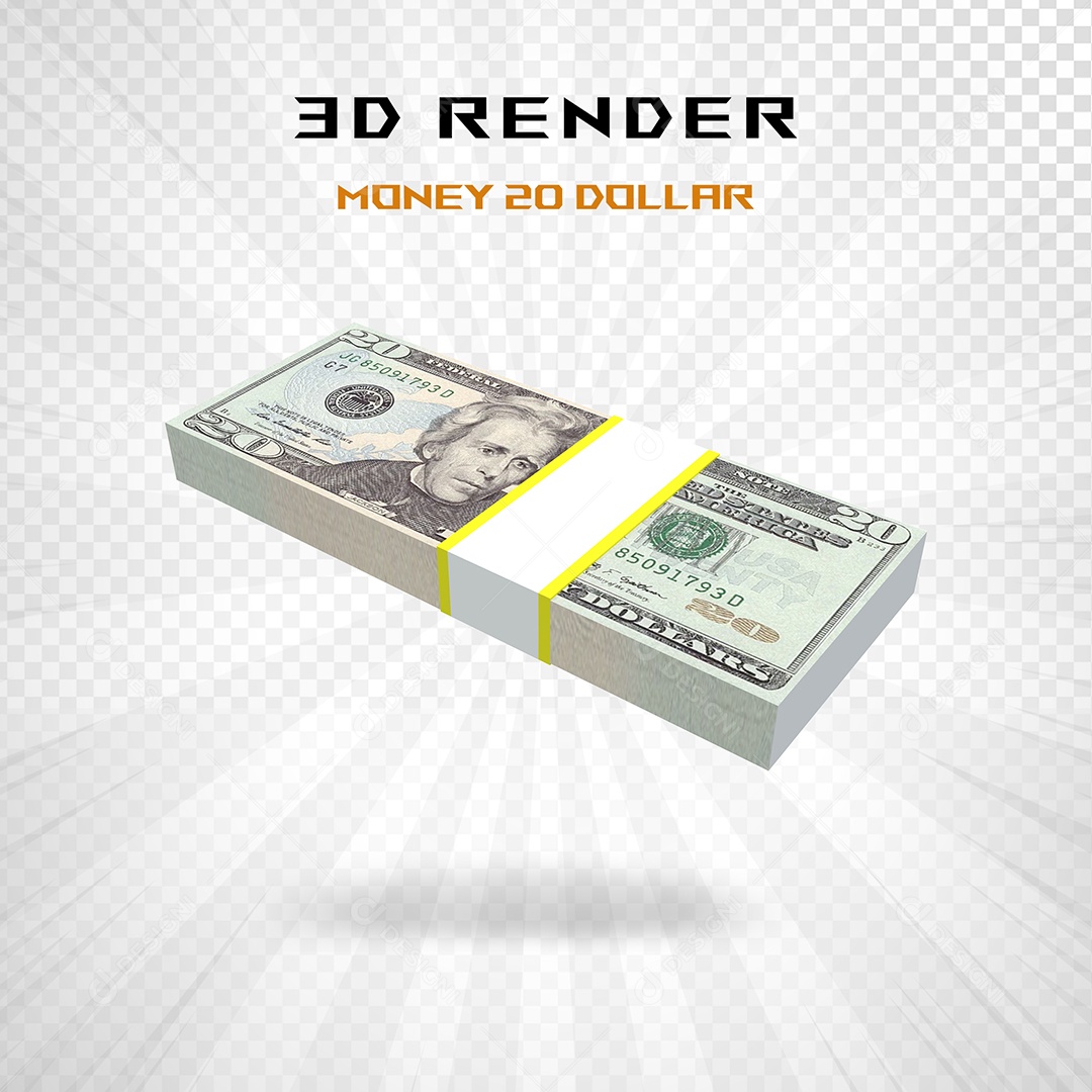 Elemento 3D Pacote de Notas de 20 Dólar para Composição PSD