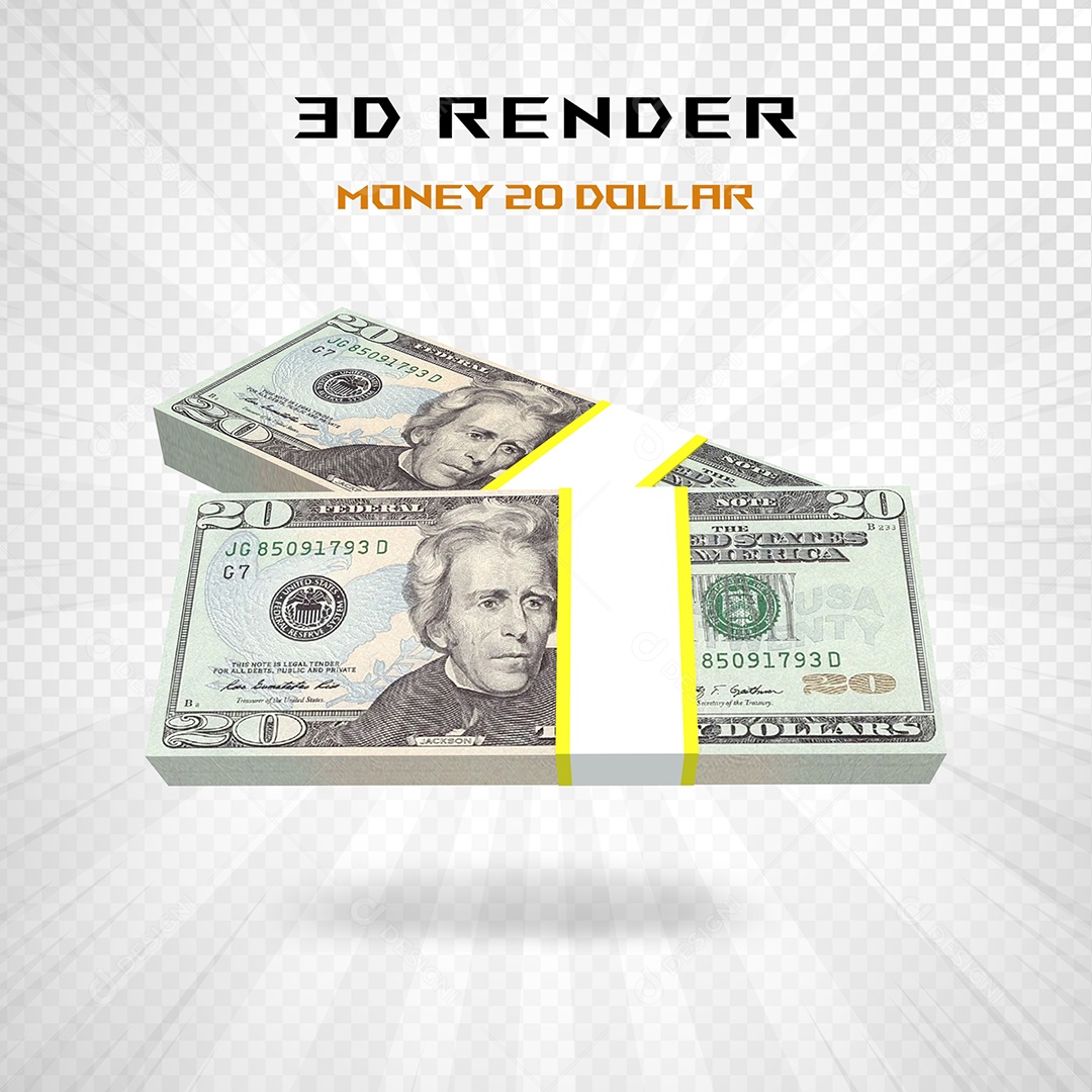 Elemento 3D Pacotes de Notas de 20 Dólar para Composição PSD