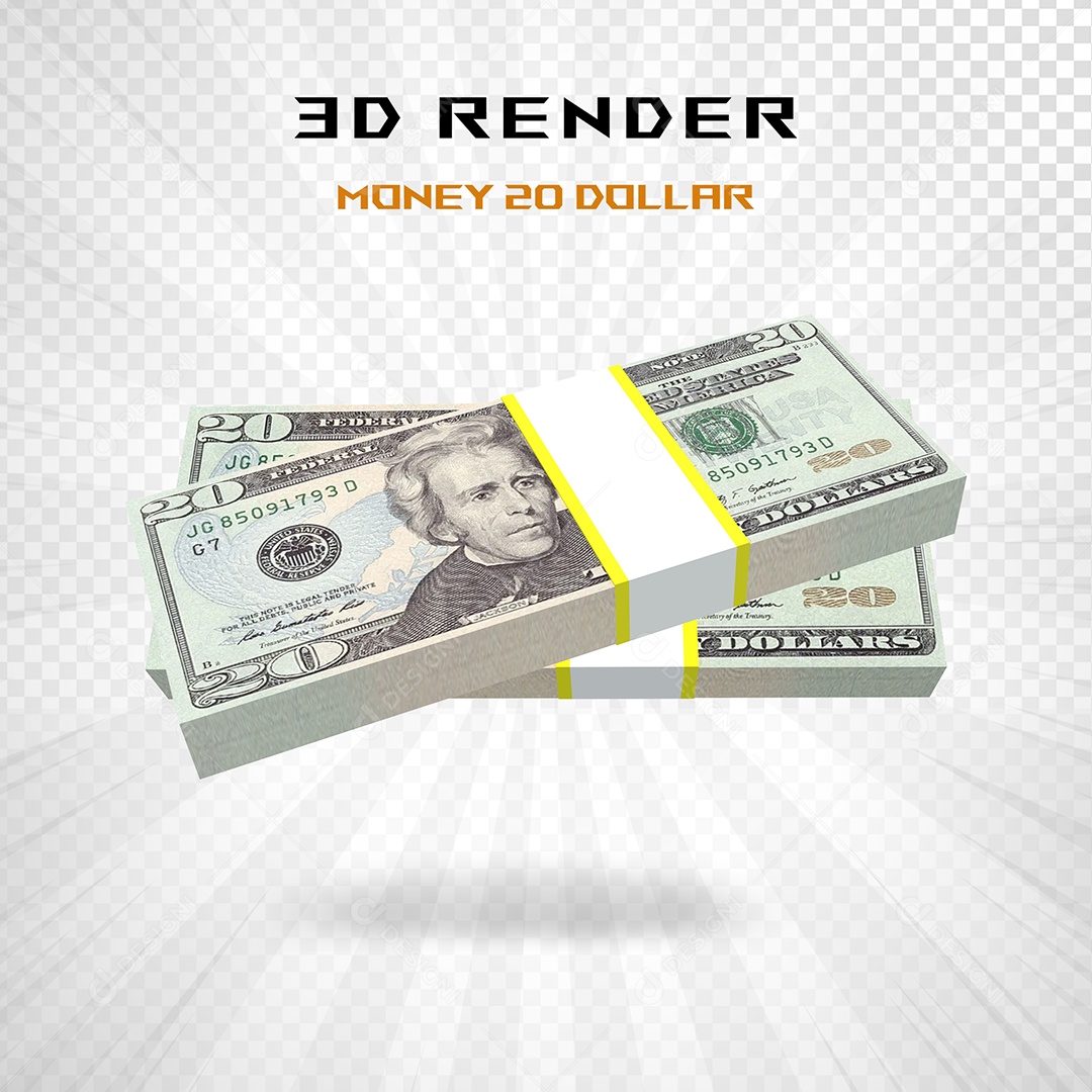 Elemento 3D Pacotes de Notas de 20 Dólar para Composição PSD
