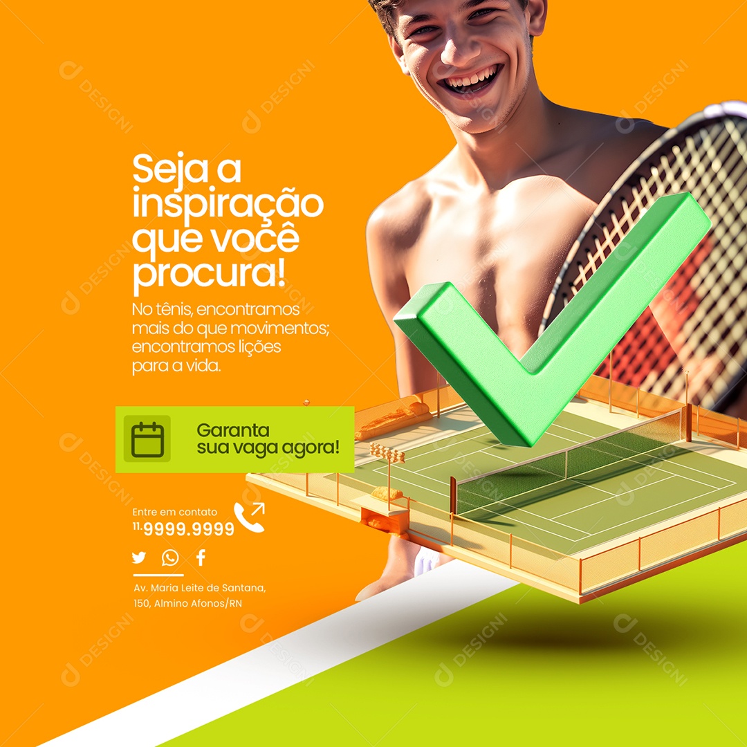 Aula de Tênis Seja a inspiração que você procura Garanta sua vaga Social Media PSD Editável
