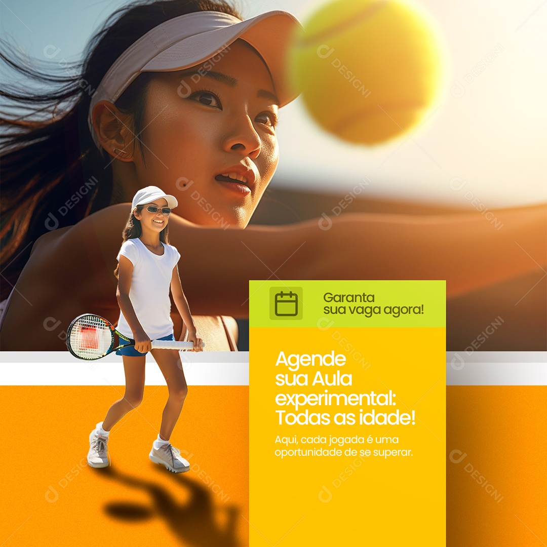 Aula de Tênis Agende sua Aula experimental Todas as idade Social Media PSD Editável