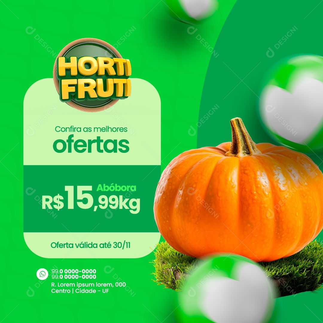Hortifruti Confira as melhores ofertas Abóbora Oferta válida Social Media PSD Editável