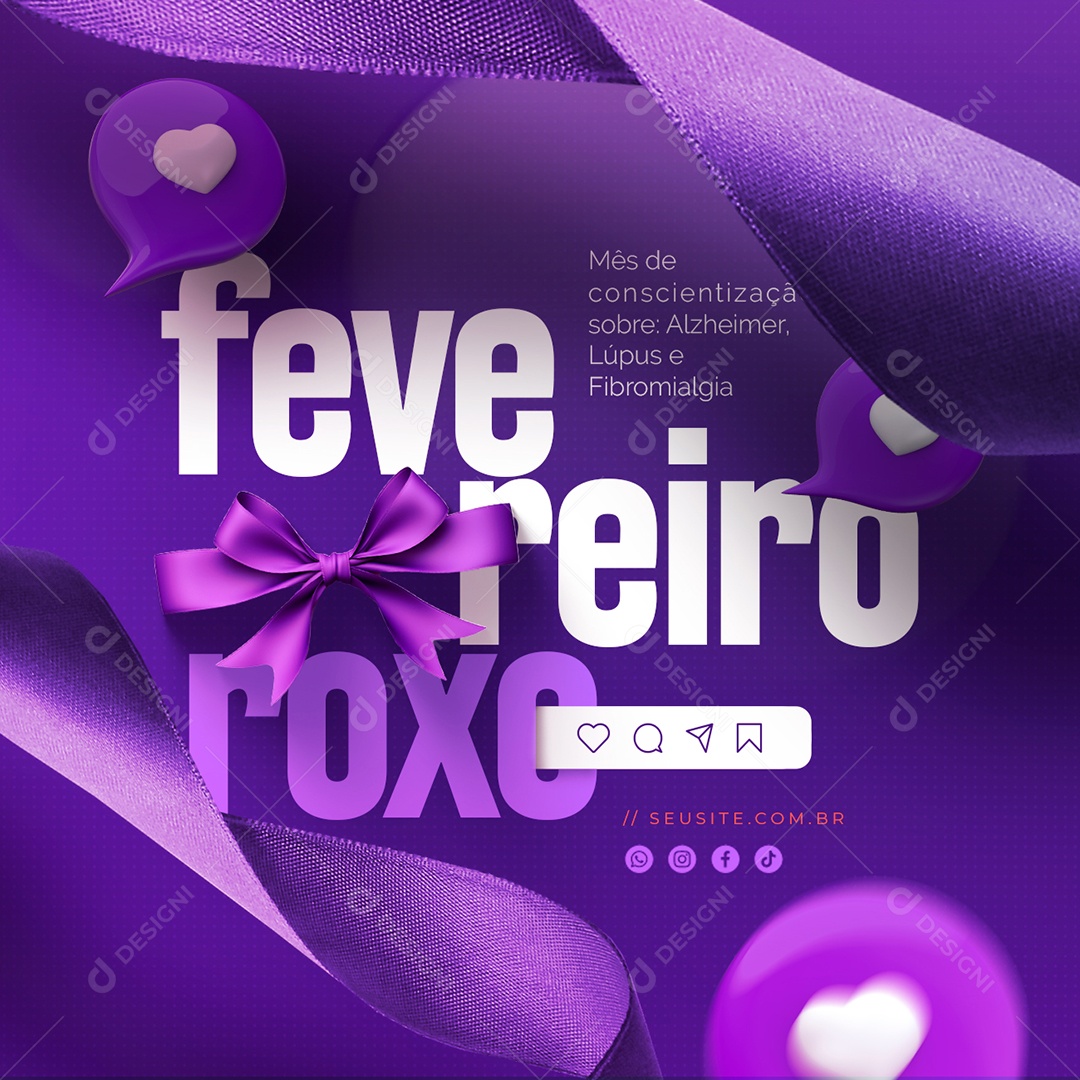 Social Media Fevereiro Roxo Mês de Conscientização Sobre Alzheimer Lúpus e Fibromialgia PSD Editável