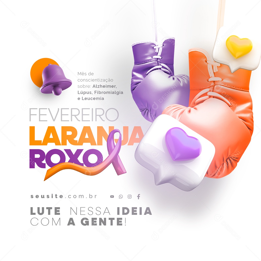 Fevereiro Laranja e Roxo Lute nessa Ideia com a Gente Social Media PSD Editável