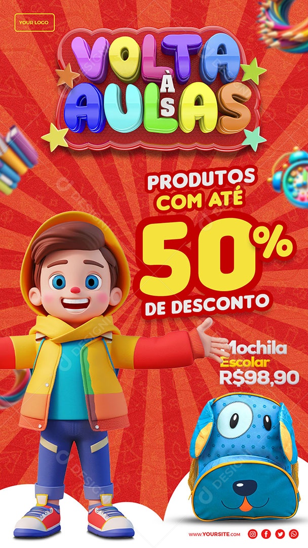 Story Volta às Aulas Produtos com Até 50% de Desconto Mochila Escolar 98,90 Social Media PSD Editável
