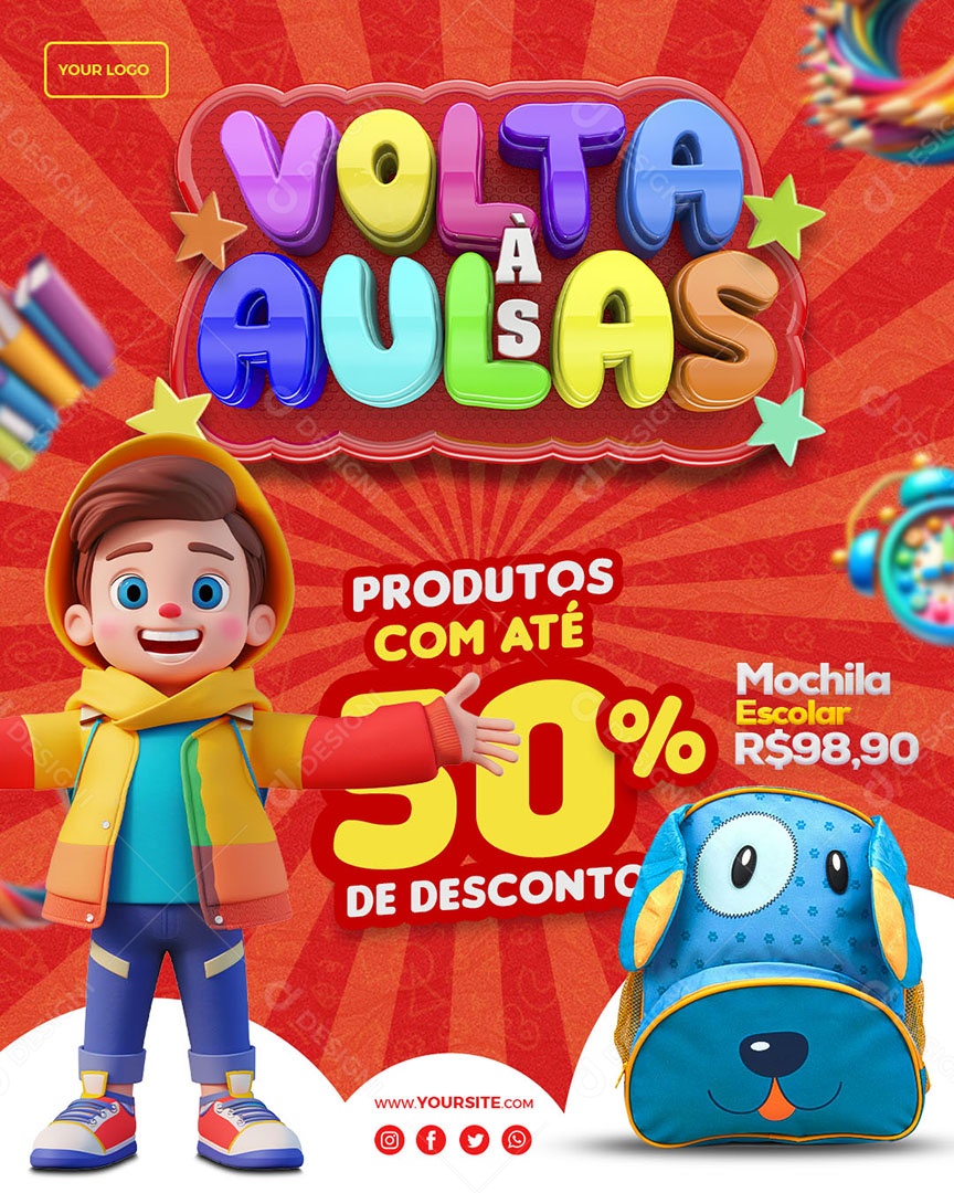 Volta às Aulas Produtos com Até 50% de Desconto Mochila Escolar 98,90 Social Media PSD Editável