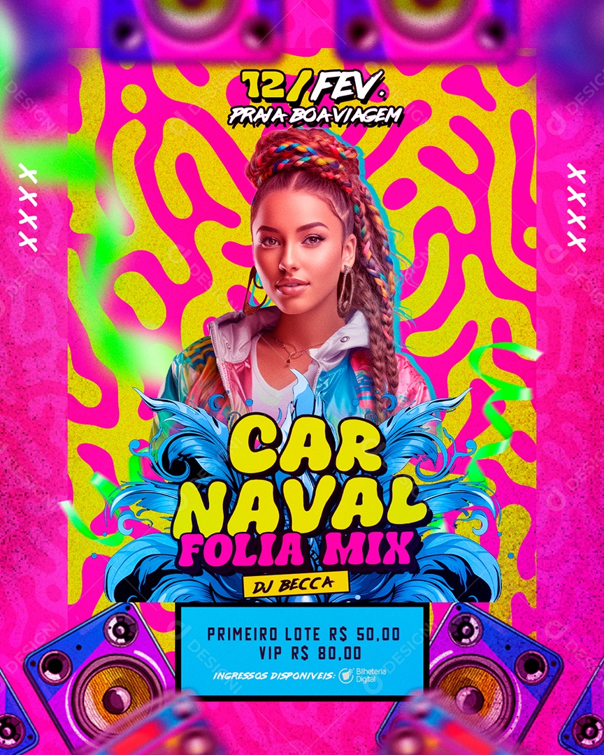 Social Media Flyer Story Carnaval Folia Mix Dj Becca PSD Editável