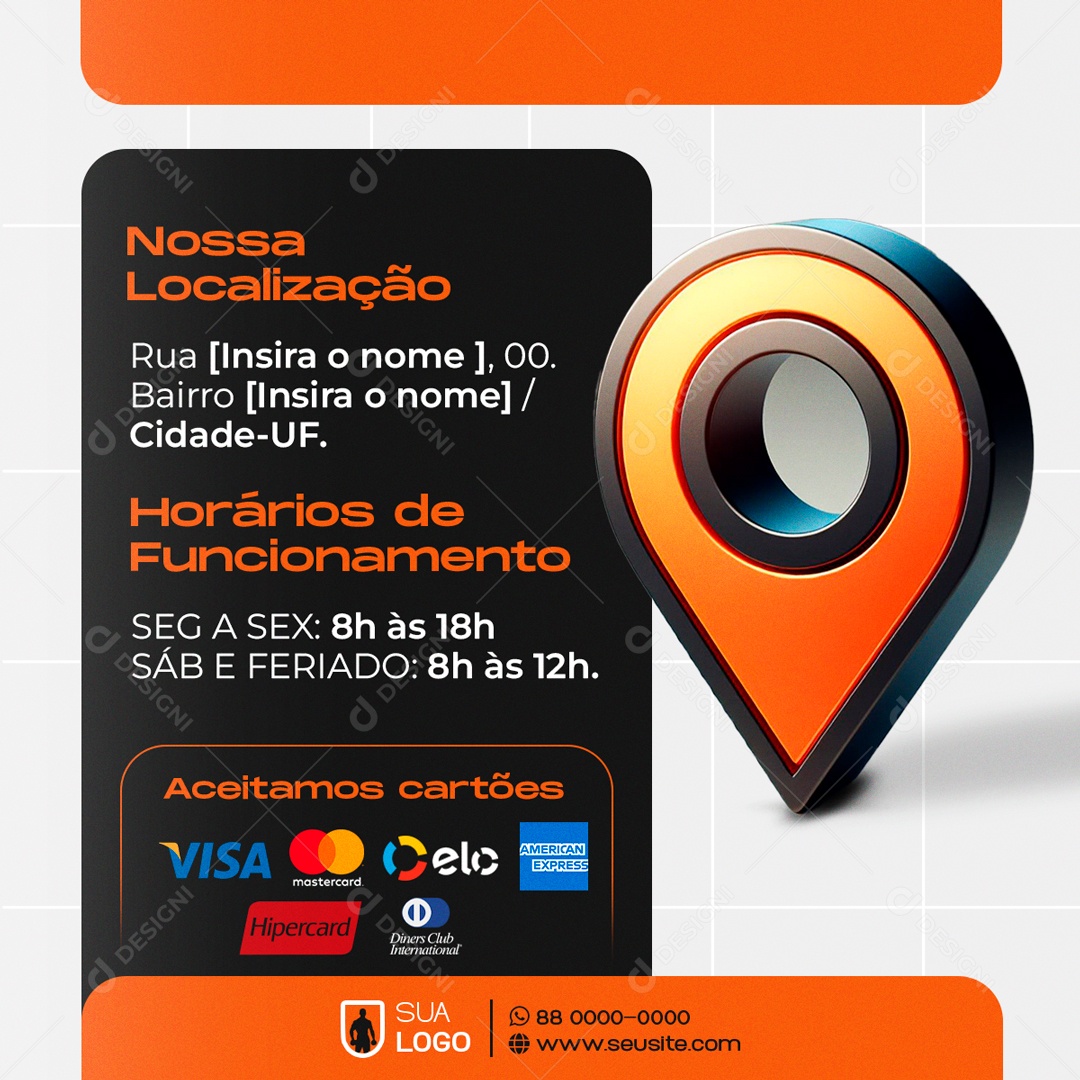 Nossa Localização Horários de Funcionamento Social Media PSD Editável