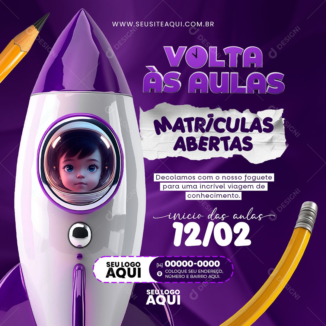 Volta às Aulas Matrículas Abertas Decolamos com o nosso Foquetes Social Media PSD Editável