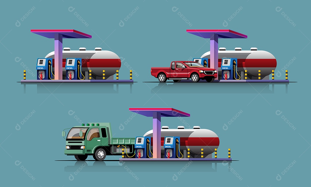 Veículos Abastecendo Ilustração Vetor EPS