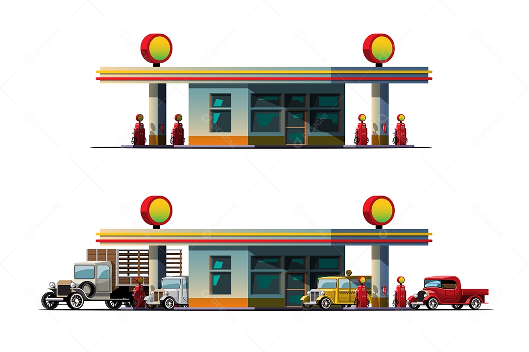 Veículos Abastecendo Ilustração Vetor EPS