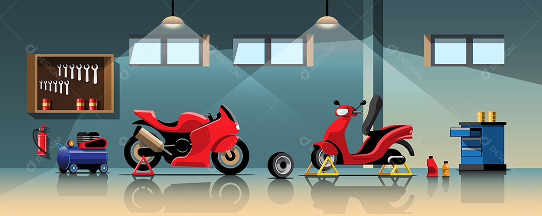 Motos Na Oficina Ilustração Vetor EPS