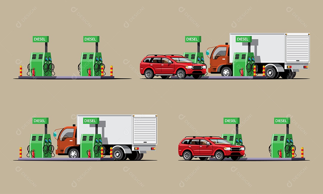 Veículos Abastecendo Ilustração Vetor EPS