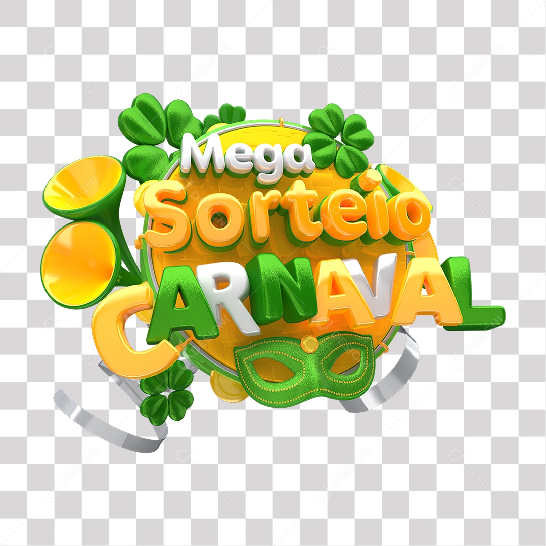 Mega Sorteio Carnaval Selo 3D Amarelo Verde e Cinza para Composição PNG Transparente