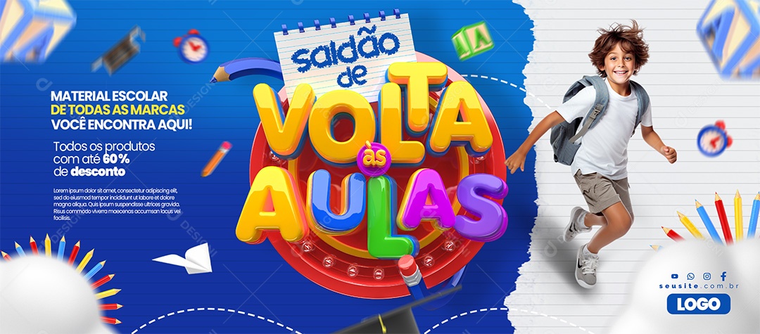 Banner Saldão de Volta às Aulas Papelaria produtos com até 60% de desconto Social Media PSD Editável