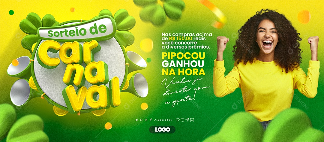 Banner Sorteio de Carnaval Pipocou Ganhou na Hora Social Media PSD Editável