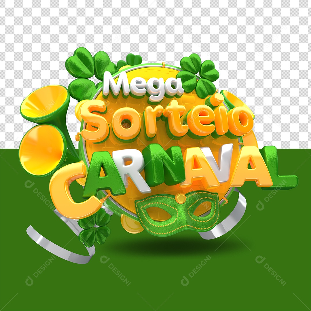 Mega Sorteio Carnaval Selo 3D Amarelo Verde e Cinza para Composição PSD