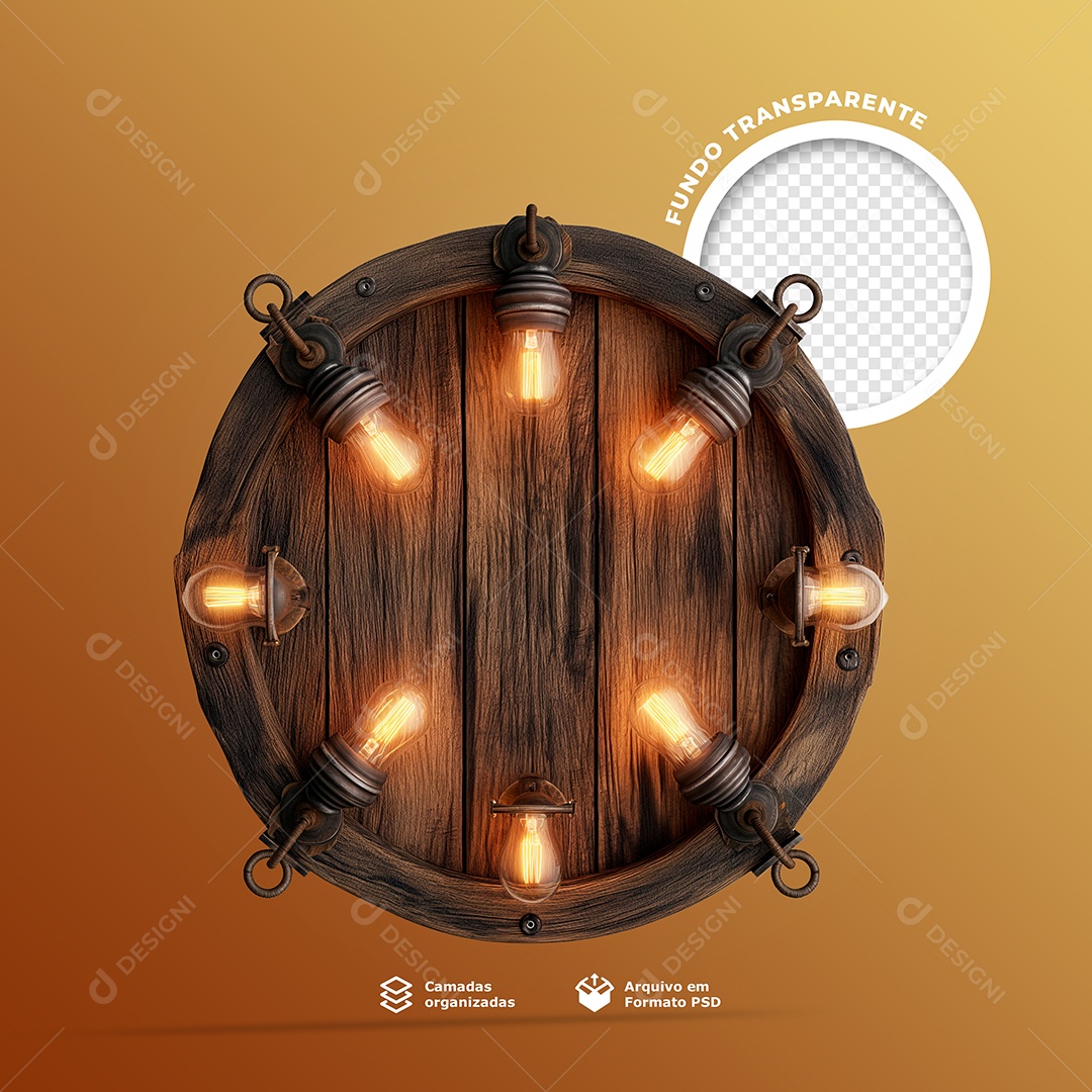 Elemento 3D Moldura Redonda De Madeira Com Luzes Para Composição PSD