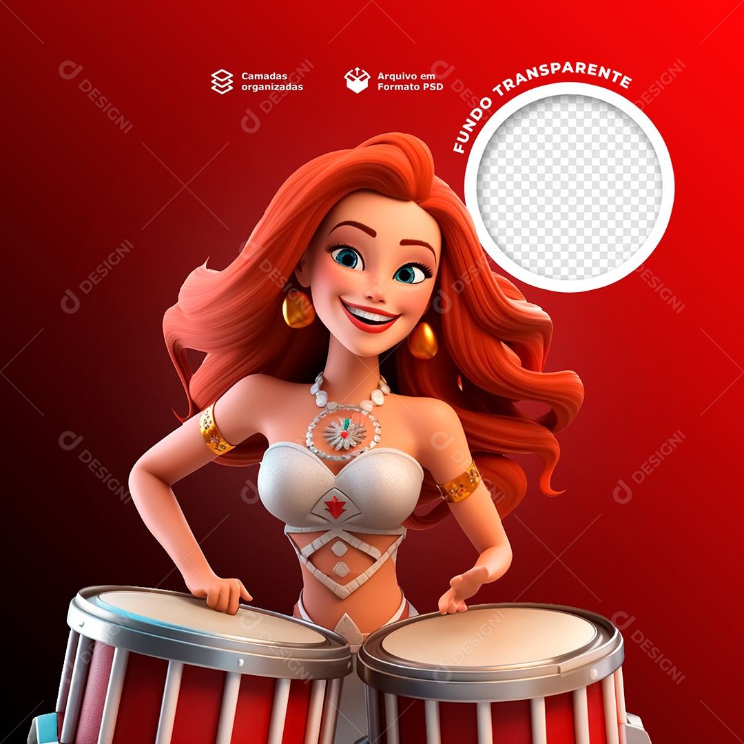 Personagem 3D Mulher Batendo Tambor Carnaval PSD