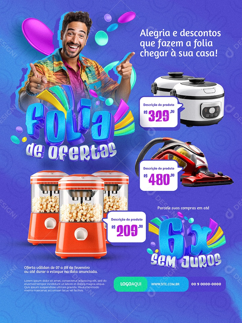Folia de Ofertas Encarte Loja de Eletrodomésticos Aspirador de Pó Pipoqueira 6x sem juros Social Media PSD Editável