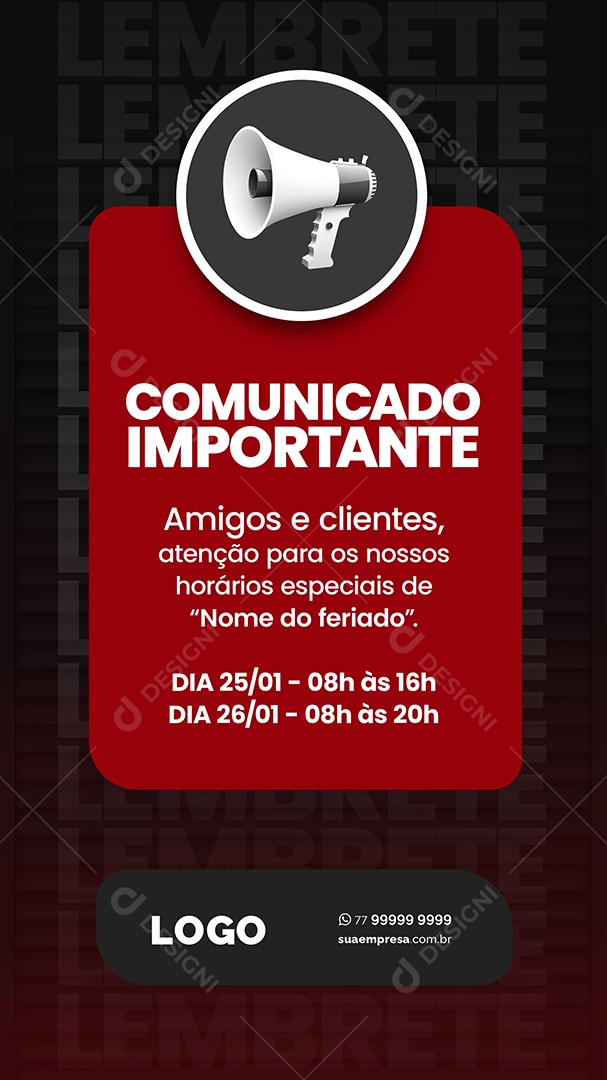 Social Media Story Lembrete Comunicado Importante Amigos e Clientes PSD Editável