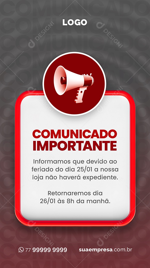Social Media Story Comunicado Importante Não Haverá Expediente PSD Editável