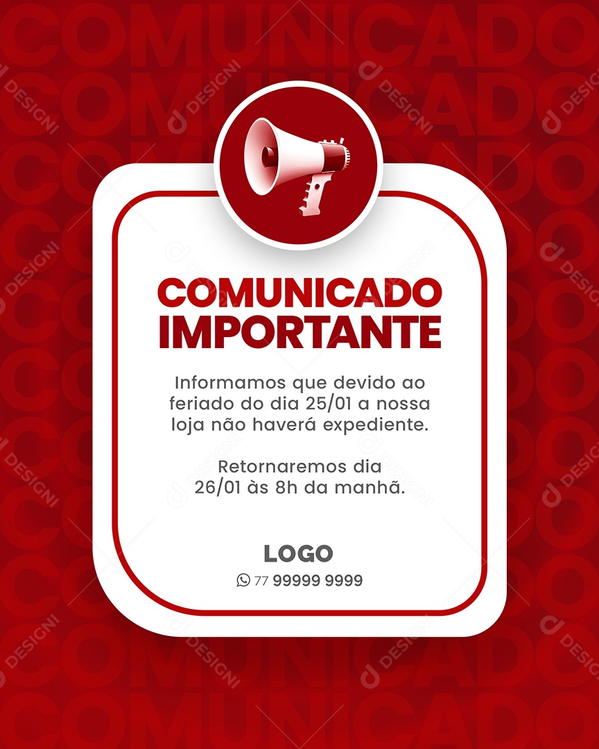 Social Media Feed Comunicado Importante Não Haverá Expediente PSD Editável