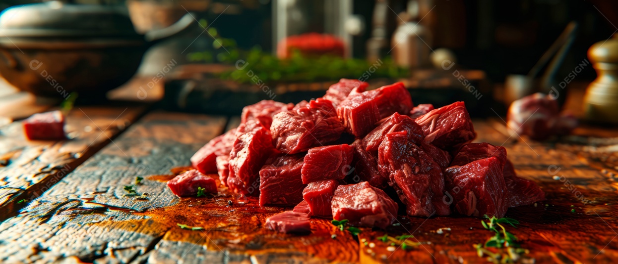 Uma pilha de carne fresca é colocada sobre a mesa IA generativa.