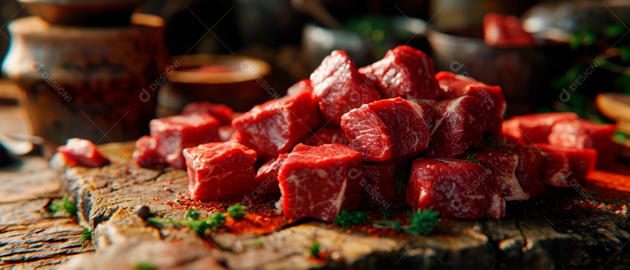Uma pilha de carne fresca é colocada sobre a mesa IA generativa.