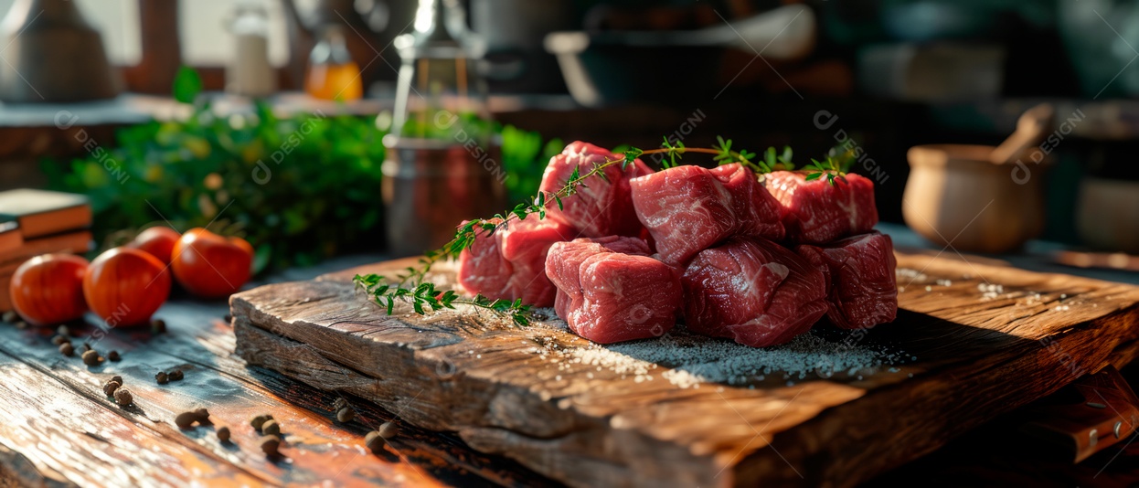 Uma pilha de carne fresca é colocada sobre a mesa IA generativa.