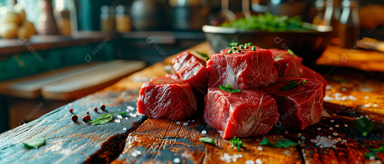 Uma pilha de carne fresca é colocada sobre a mesa IA generativa.