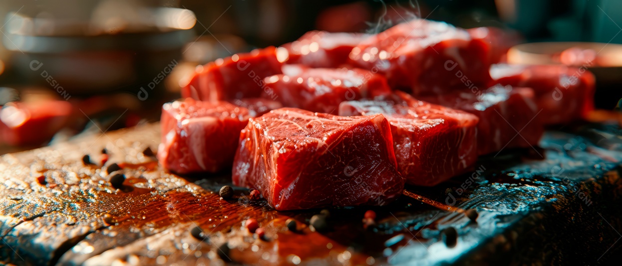 Uma pilha de carne fresca é colocada sobre a mesa IA generativa.