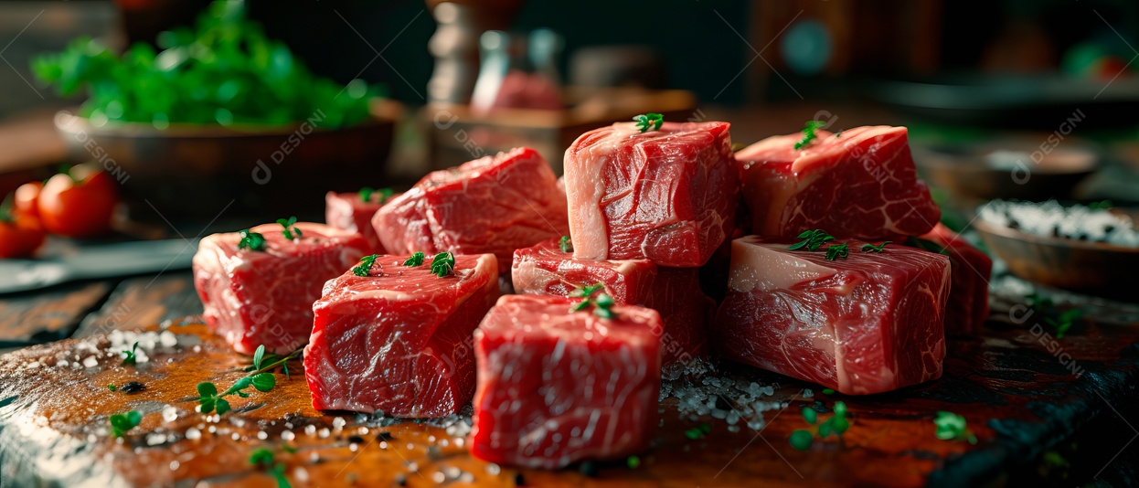 Uma pilha de carne fresca é colocada sobre a mesa IA generativa.