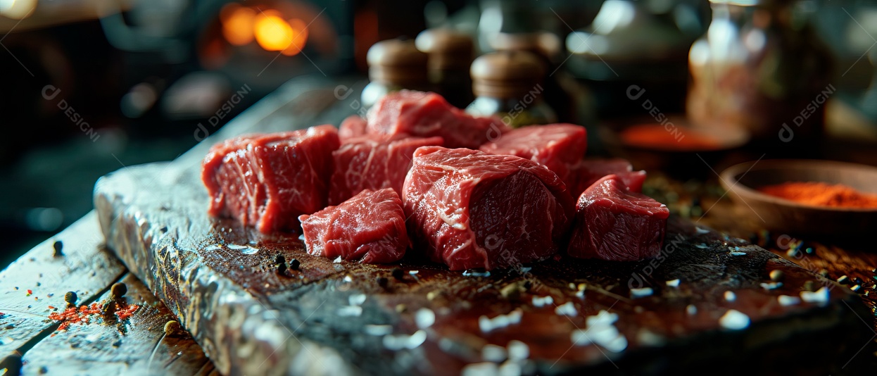 Uma pilha de carne fresca é colocada sobre a mesa IA generativa.