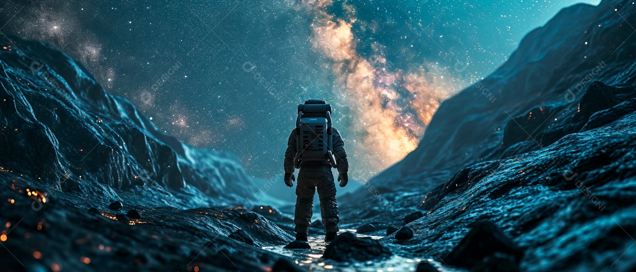 Astronauta e o céu da Via Láctea à noite IA generativa.