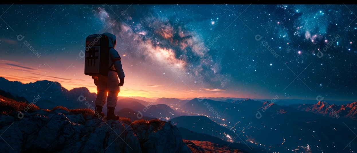 Astronauta e o céu da Via Láctea à noite IA generativa.