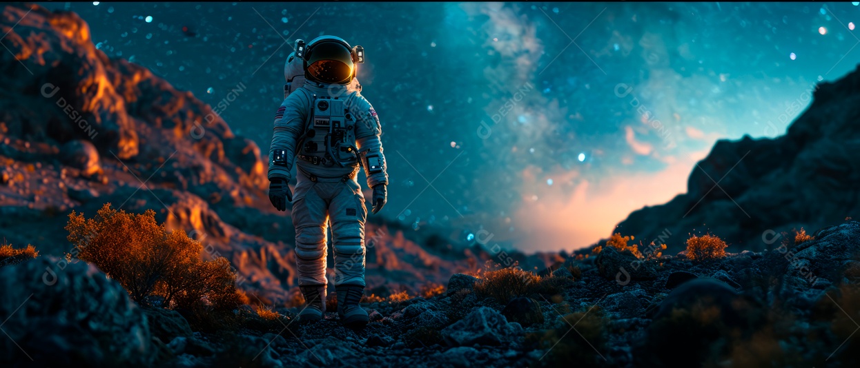 Astronauta e o céu da Via Láctea à noite IA generativa.