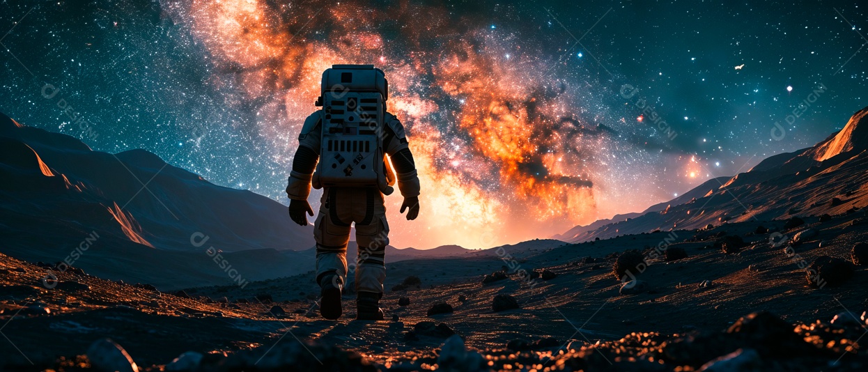 Astronauta e o céu da Via Láctea à noite IA generativa.
