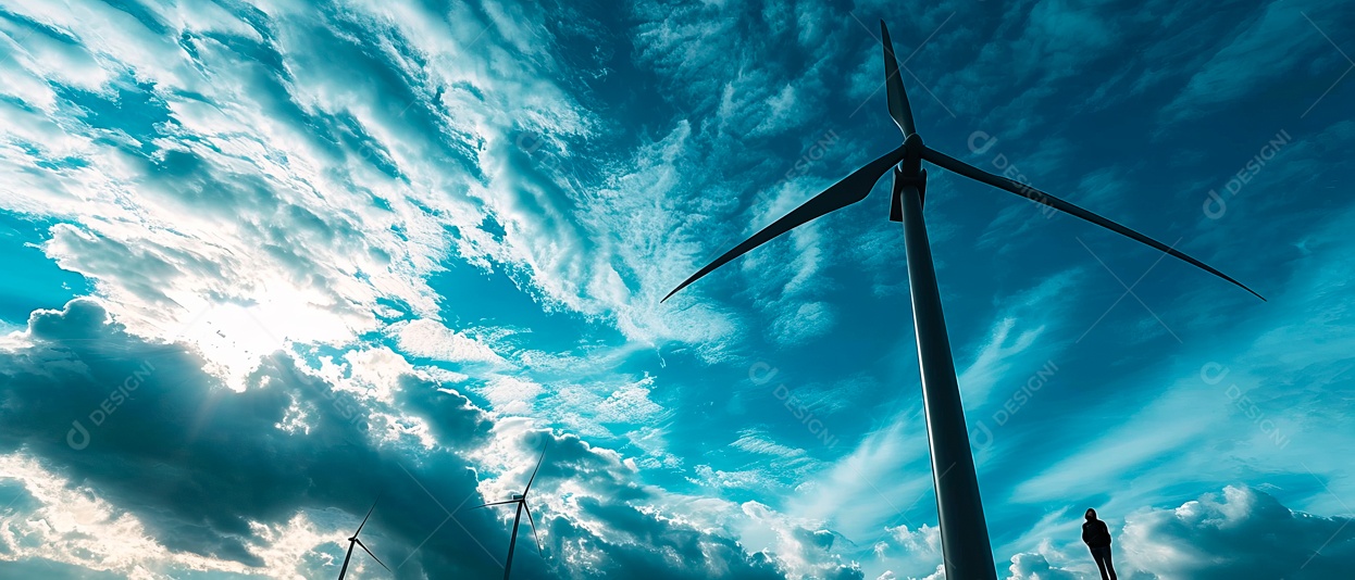 Turbina eólica produzindo eletricidade da natureza em um fundo de céu azul IA generativa.